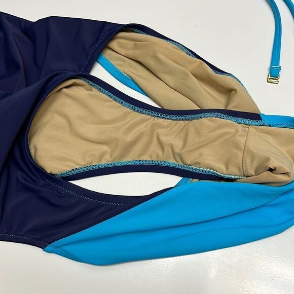 J. Crew Blue One Piece Halter Swim Suit with Cutout Back-& Metal Closure-Size 12 - Picture 13 of 16